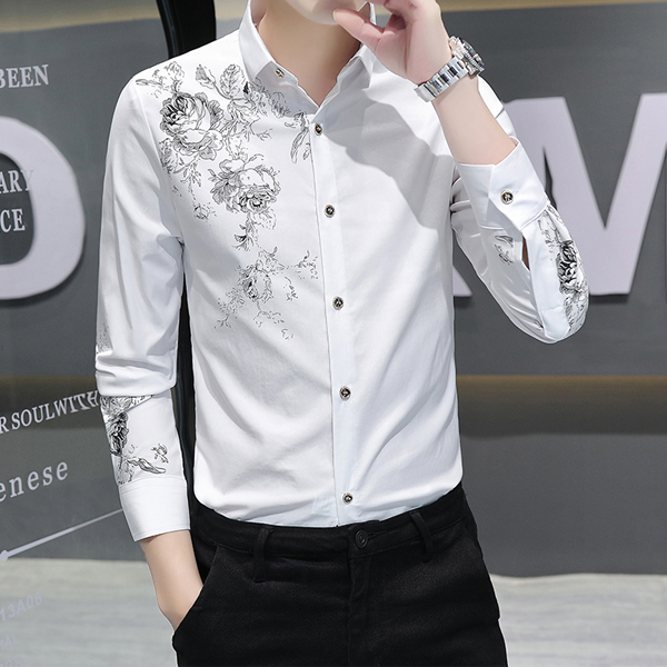 Korean version of the slim long -sleeved shirt youth white student printing shirt men's casual inch shirt base clothes men's tide